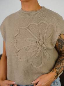 SAYEHFBABY 女式花卉蝙蝠袖宽松休闲针织上衣，秋季 - 駝色 - 查看 3