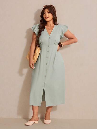 Elaquor Plus Size Elegant V-Neck Layered Cap Sleeve Vacation Dress