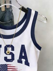 Resyla USA Flag Print Contrast Color Round Neck Cropped Tank Top For Women - White - View 4