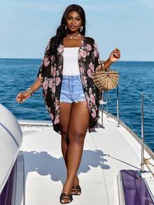 SHEIN CURVE+ Damen Große Größen Sommer Strand Land Konzert Damen Floral Kimono Hawaiihemd - Verschiedenfarbig - Übersicht 4