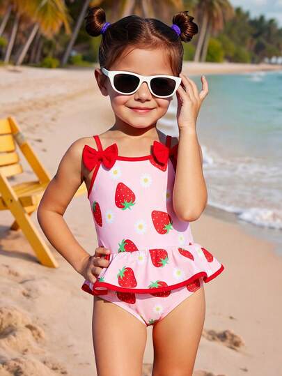 Emery Rose Kids Emery Rose Kids Young Girl Summer Holiday Beach Bow Decor Watermelon Print Ruffled Hem One-Piece Swimsuit