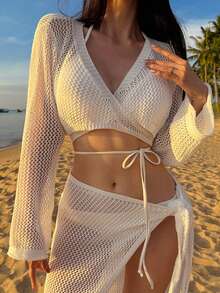 DAZY Conjunto de 2 piezas de estilo de vacaciones en la playa para mujer, top corto con hombros descubiertos y falda ajustado - Blanco - Ver 2