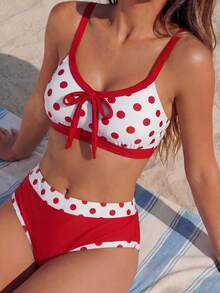 Swim Lushoire 2件套新款夏季彩色蝴蝶结露背露肩休闲派对沙滩比基尼泳装套装（女士） - 紅白色 - 查看 5