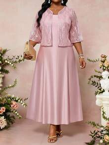 SHEIN Lady Plus Size Women Elegant Sleeveless Dress & Jacket 2 Pieces Set,Dusty Pink Summer Sparkly Formal Dress For Women,Wedding Ninang Luxury 2 Pieces Sets - Pink - View 3