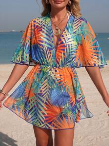 Swim Vcay Women's Tropical Plant Print V-Neck Tie-Waist Beach Dress With Cover-Up, Spring/Summer - Blue - View 4