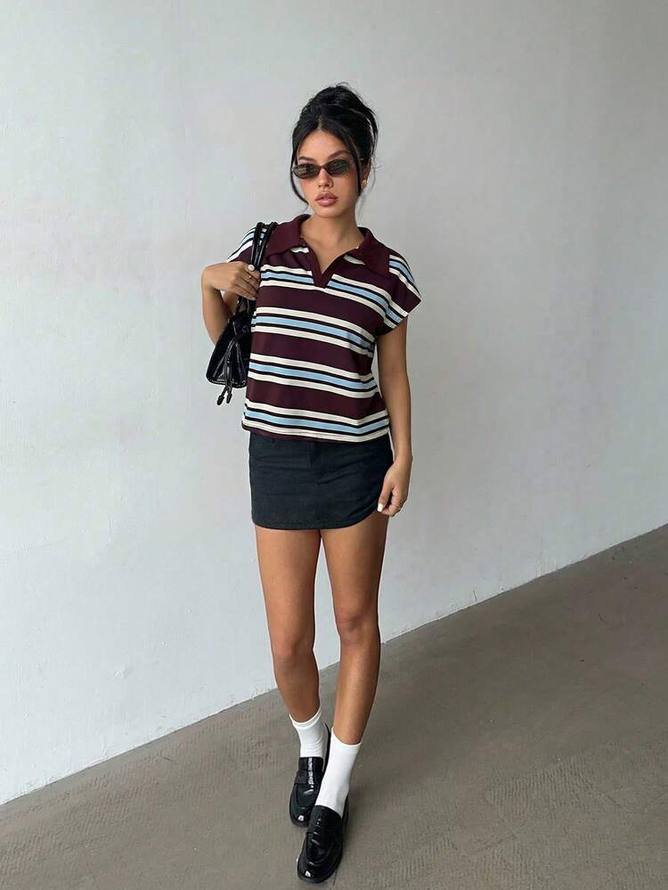 Aloruh Camisa polo de mujer de estilo retro Y2K con rayas multicolor, de ajuste holgado, con estilo universitario preppy, nueva para primavera/verano, con vibra de "old money" - Multicolor - Ver 4