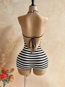 Soleia Bộ jumpsuit nữ kiểu dáng thường ngày, gợi cảm, khoét lưng, buộc nơ, cổ yếm, thích hợp cho đi biển, du thuyền, nghỉ mát thành phố, du lịch, tiệc trà chiều, dã ngoại. - Đen và trắng - Xem 2