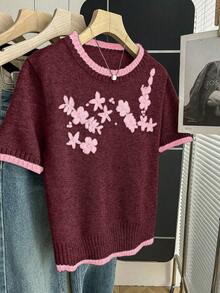 SHEIN Franclia 新款休闲宽松碎花甜美复古女式针织衫，春秋季花朵针织上衣，女士短袖针织衫，酒红色3D花朵上衣 - 酒紅色 - 查看 4