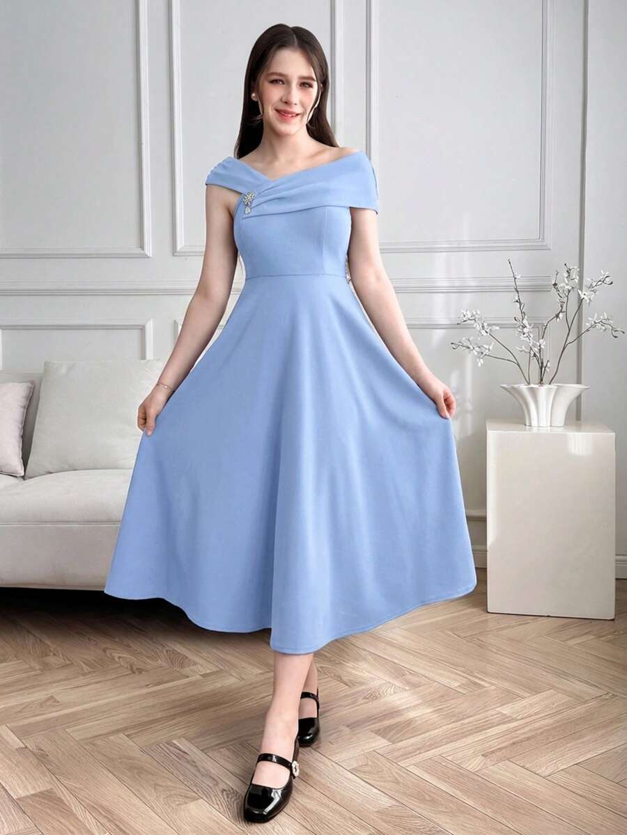 SHEIN Teen Girls' Light Blue Cross V-Neck Waist Gathered A-Line Long Party Dress, Formal Gown - Baby Blue - View 1
