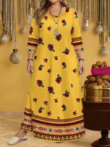 EMERY ROSE 女士休闲简约长袖修身连衣裙，复古花卉印花 - 彩色 - 查看 7