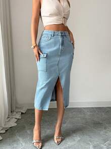 Selianne 女士休闲水洗牛仔工装裙 - 藍色 - 查看 3