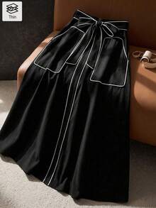 Comfylo 大码女式撞色滚边系带腰带口袋休闲半身裙 - 黑色 - 查看 3