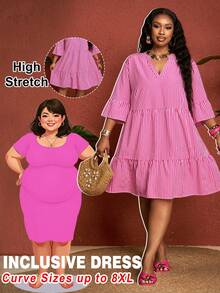 SHEIN CURVE+ Curve 尺码 US22 音乐节、海滨度假、波西米亚风女士休闲 V 领条纹度假连衣裙，粉色 - 杏色 - 查看 1