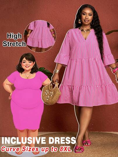 SHEIN CURVE+ Curve 尺码 US22 音乐节、海滨度假、波西米亚风女士休闲 V 领条纹度假连衣裙，粉色