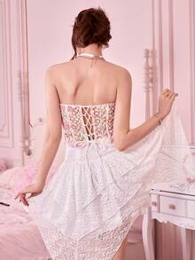 INS 时尚聚拢紧身文胸，花卉刺绣衬垫文胸，蕾丝花边，露背吊带短款上衣，适合夏季 - 淺粉色 - 查看 2