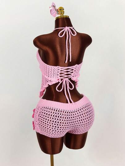 Amplova 女士两件套毛衣套装：可爱碎花露脐吊带上衣，不对称荷叶边下摆，搭配紧身高腰短裤