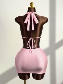 Zestiva Women's Summer Beach Sleeveless Backless Draped Neck Tie Waist Ruched Hem Vacation Party Sexy Cover Up Dress - Pink - View 2