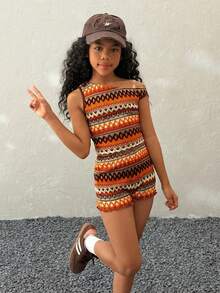 Tween Girls' Burnt Orange Summer 80s Vacation Holiday Striped Print Embroidered Asymmetrical Collar Top And Shorts Set,Y2K Fashionable 2 Piece Set - Orange - View 1
