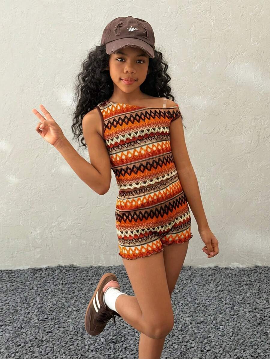 Tween Girls' Burnt Orange Summer 80s Vacation Holiday Striped Print Embroidered Asymmetrical Collar Top And Shorts Set,Y2K Fashionable 2 Piece Set - Orange - View 1
