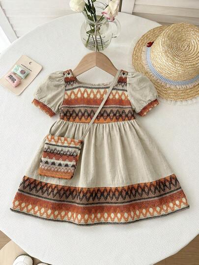 LMoss Kids ชุดเดรสคอปกปีเตอร์แพนแขนสั้นลายปะติดสีแอปริคอทน่ารักสไตล์วินเทจสำหรับเด็กผู้หญิงและชุดกระเป๋า