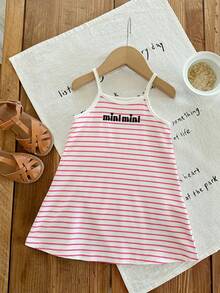 SHEIN LMoss Kids LMoss 女婴可爱针织条纹拼接无袖连衣裙，弹性面料，夏季款 - 粉色 - 查看 1