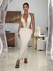 SHEIN PETITE 女士度假风深V海星印花纹理露背吊带高开衩连衣裙，米色 - 米色 - 查看 16