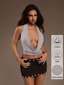 SHEIN ICON Casual Short Solid Color Sexy Halter Backless Blouse For Women Sexy Crop Top Grey Top Tops For Women Sexy Sexy Tops For Club Dress Top - Grey - View 4