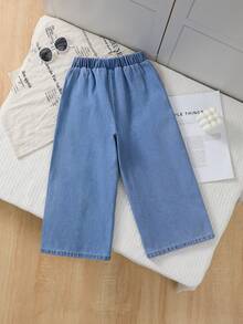 SHEIN 女童宽松直筒牛仔裤，牛仔蓝配蝴蝶结装饰，休闲时尚，适合春、夏、秋季穿着。 - 藍色 - 查看 2