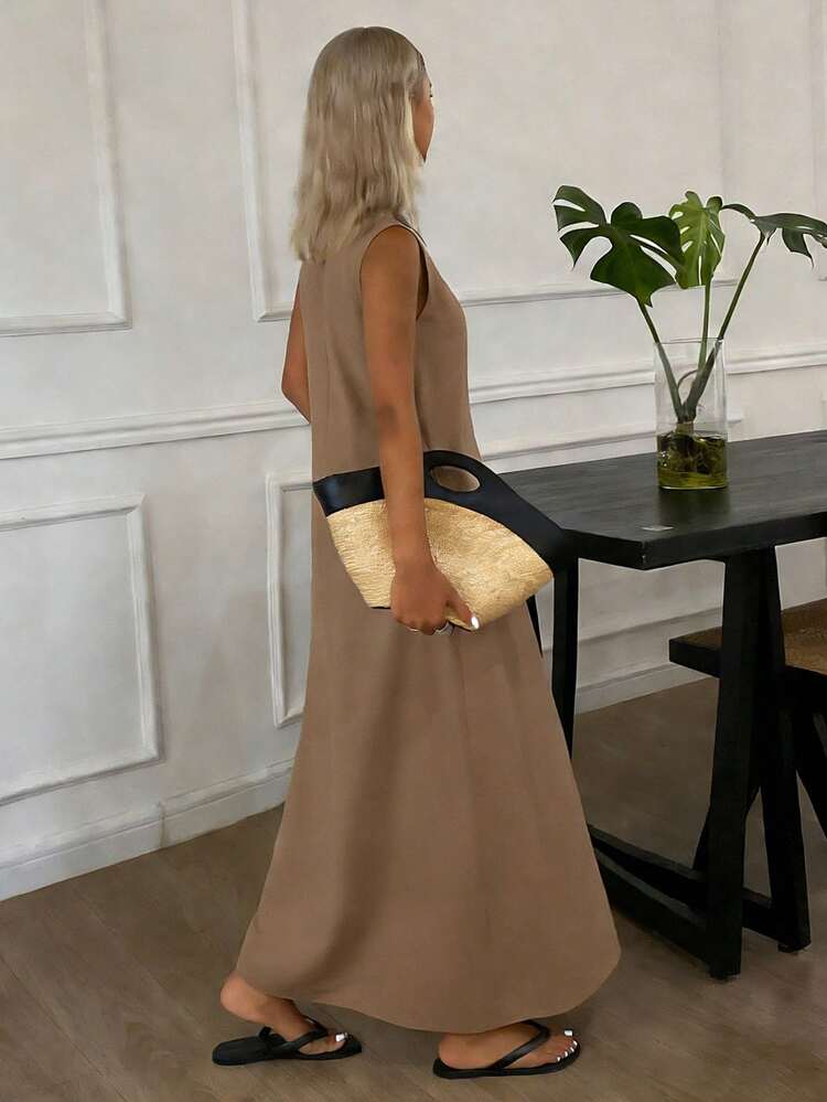 Holiday Outfit Women's Summer Embroidered Decor Sleeveless V-Neck Long Sleeve Mid-Length Dress Sundress