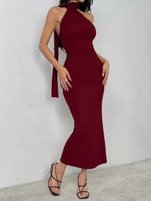 SHEIN PETITE Solid Halter Neck Backless Bodycon Dress Long Bodycon Dress Long Sexy Dress - Burgundy - View 4