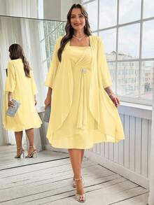 Ellevyn Bộ áo khoác và váy màu trơn thanh lịch dành cho người có vóc dáng đầy đặn, phù hợp cho các bữa tiệc. - Vàng nhạt - Xem 6