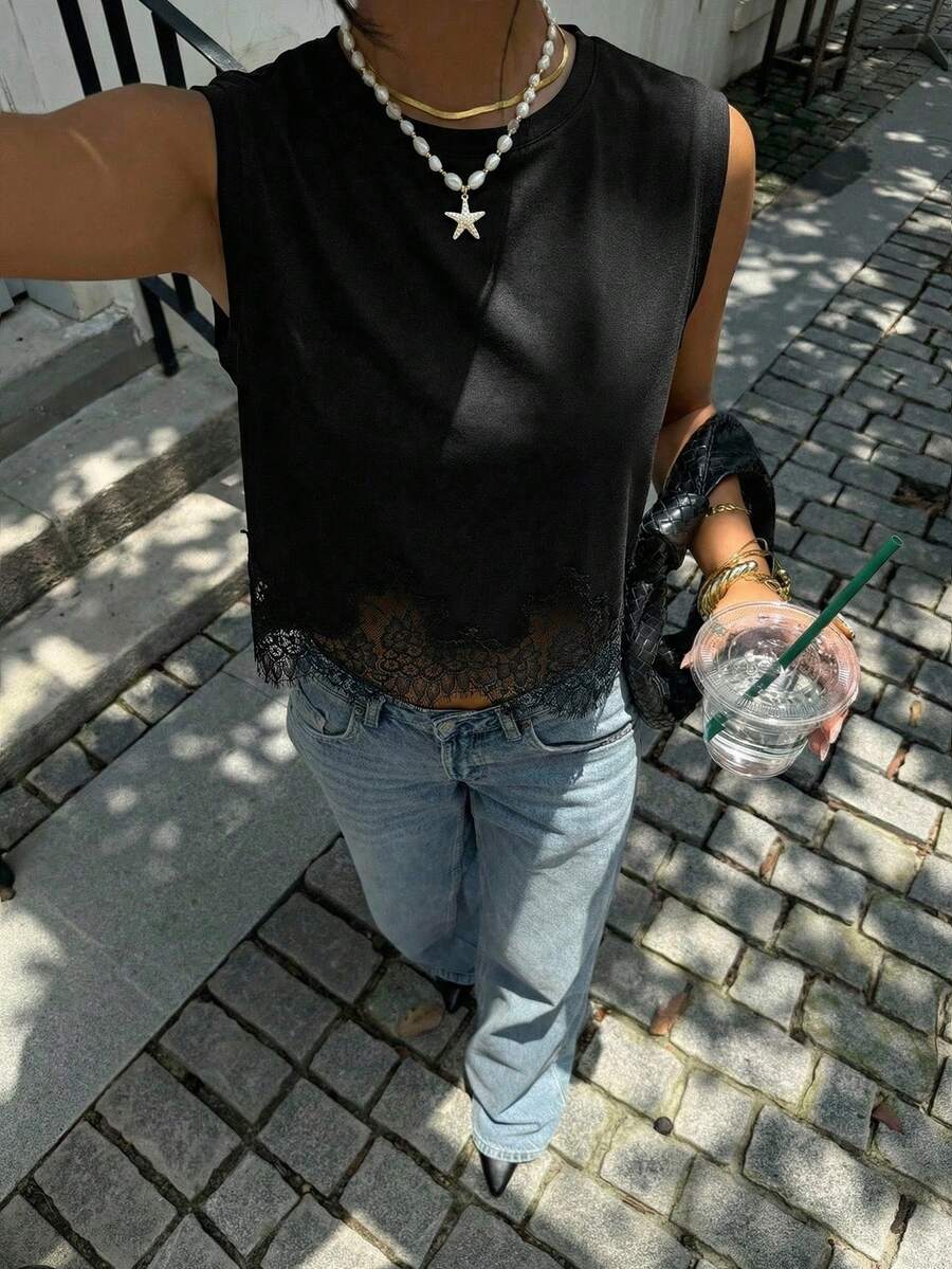 Siren Gaze 女士纯色圆领撞色蕾丝休闲背心 - 黑色 - 查看 1