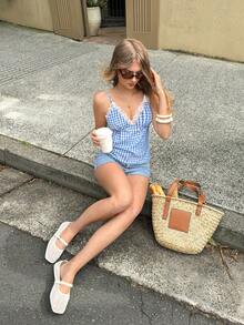 Serisse Women's Lace Patchwork Plaid Print Casual Camisole,Women's Gingham Lace Trim V Neck Cami Top – Summer Sleeveless Spaghetti Strap Tank,Summer,Spring,Festival,Party ,Beach,Wedding ,Graduation,Elegant ,Casual,Vacation,Formal,Business, - Multicolor - View 7