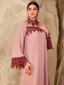 SHEIN Najma Vintage Romantic Colorblock Decorative Patchwork Women Long Sleeve Fashionable Young Dress - Pink - View 6
