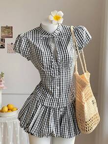 Comfortcana Women's Plaid Knot Design Button Casual Versatile Daily Wear Shirt - Black and White - View 1