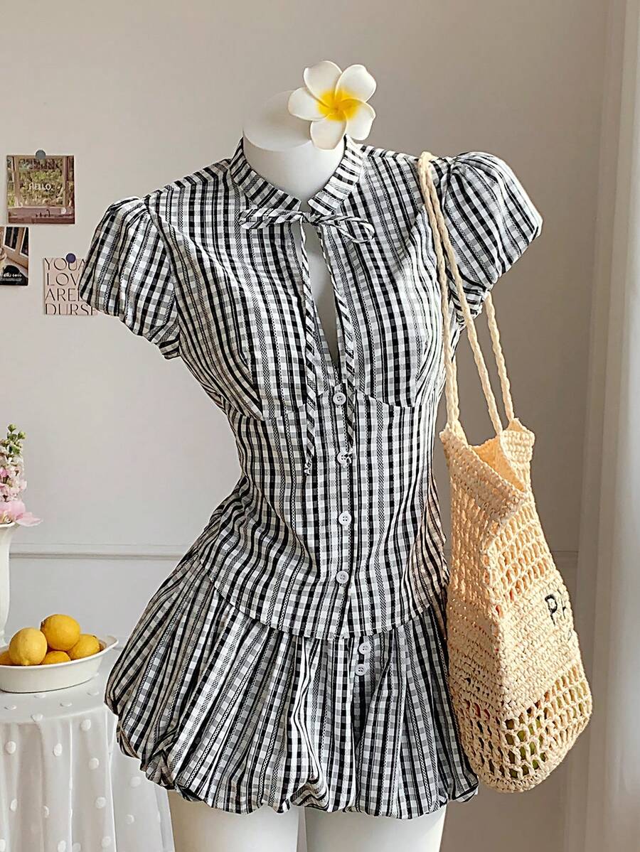 Comfortcana Women's Plaid Knot Design Button Casual Versatile Daily Wear Shirt - Black and White - View 1