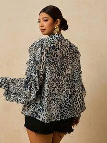Travachic Plus Size Women Chiffon Leopard Print Long Sleeve Blouse, Leopard Print Ruffle Hem Shirt - Multicolor - View 2