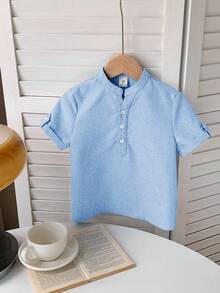 SHEIN Áo sơ mi tay ngắn cổ đứng trơn dáng rộng thoải mái LMoss Kids dành cho bé trai (1 chiếc) - Màu xanh nhạt - Xem 4