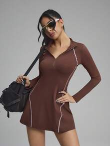 Innovista Women's Long Sleeve Tennis Dress With Shorts - Brown - View 8