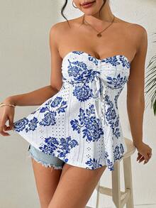 INAWLY 女士夏季度假印花镂空刺绣抹胸上衣 - 彩色 - 查看 6