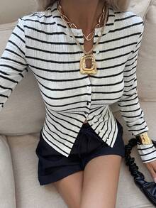 Livesso 女士休闲商务条纹拼接开衫T恤，时尚街头风，适合春、夏、秋季穿着 - 黑與白 - 查看 2