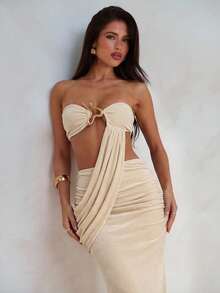 Aloruh Women's Solid Color Metal Decor Ruched Sexy Party Dress Summer Summer Outfits Summer Clothes Beach Outfits For Woman  Beach Vacation Vacation Outfits Woman Boho  Tropical Vacation Woman Clothe - Apricot - View 5