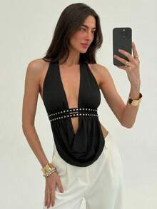 Aloruh Women's Fashionable Sexy Rivet Detail Halter Backless Top, Summer - Black - View 3