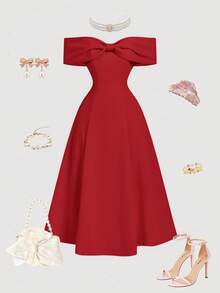 SHEIN MOD Đầm nữ thanh lịch màu trơn trễ vai dài ngang gối, thích hợp cho mùa hè. - Đỏ - Xem 3