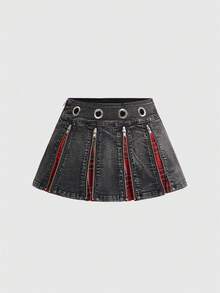 ROMWE J-Fashion Váy ngắn denim dáng chữ A cạp siêu thấp, gợi cảm, phong cách retro Y2K dành cho nữ, phối nhiều mảnh vải, kiểu sinh viên đại học. - màu đen - Xem 1