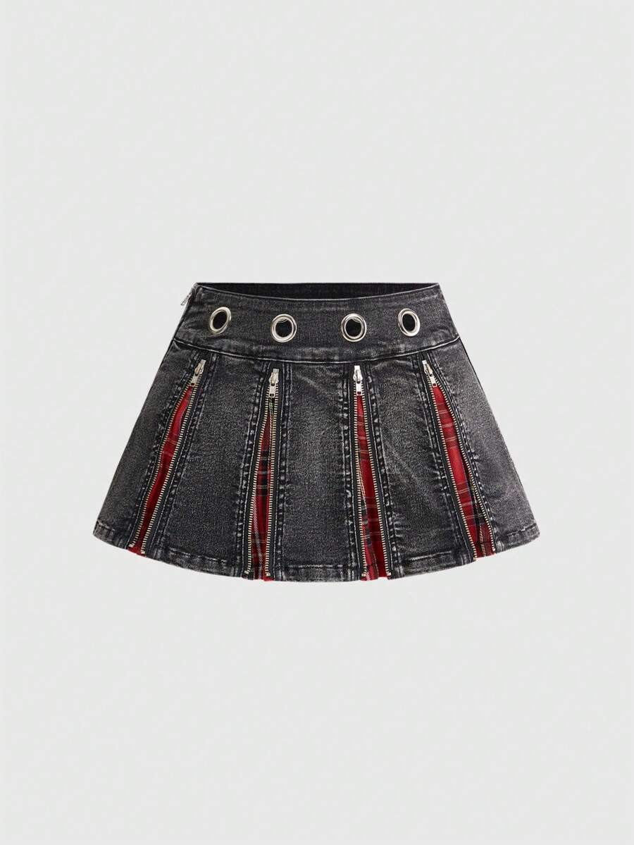 ROMWE J-Fashion Váy ngắn denim dáng chữ A cạp siêu thấp, gợi cảm, phong cách retro Y2K dành cho nữ, phối nhiều mảnh vải, kiểu sinh viên đại học. - màu đen - Xem 1