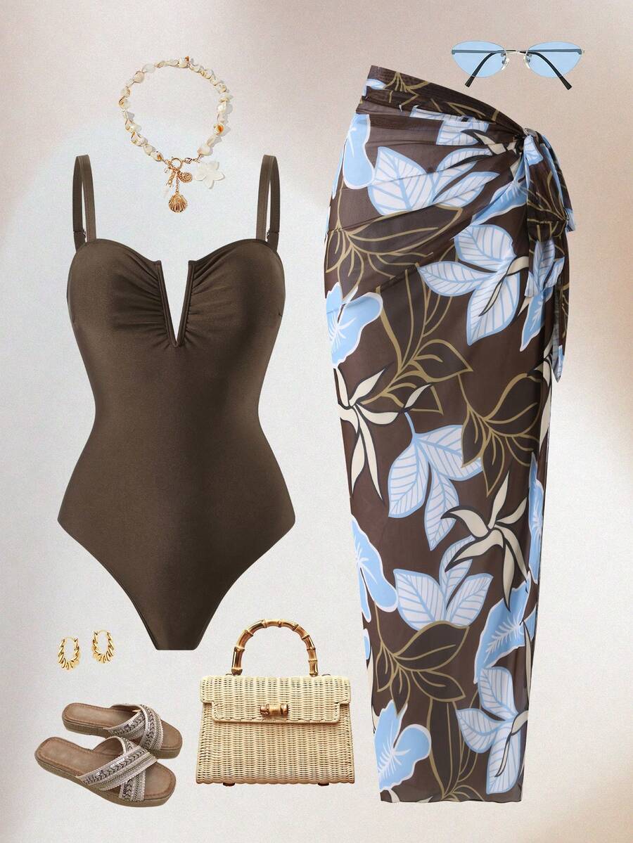 Swim Oasis Spring/Summer 2-Piece Set: Solid Color Removable Padded Thick Strap High Cut One-Piece Swimsuit & Long Printed Mesh Skirt Premium Set - Coffee Brown - View 1