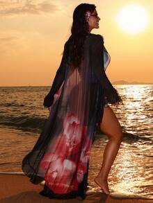 Swim SXY Women's Long Black Red Floral Print Sheer Kimono Cover-Up,Summer Boho Beach Vacation Holiday Ruffled Deep V-Neck Swimwear Swimsuit Cover Up Dress - Multicolor - View 3