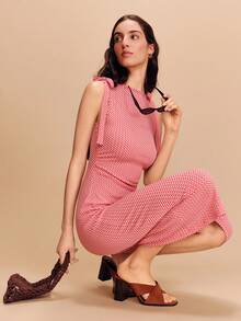 lacRébo Red Gingham Check Print Tie Shoulder Boatneck Midi Dress Spring Summer - Red and White - View 1