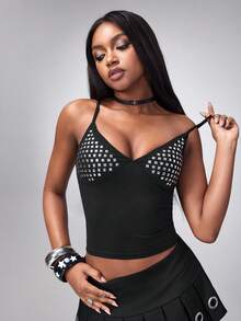 Y2Kool 女士印花露背性感吊带衫 - 黑色 - 查看 3